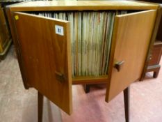 Mid Century teak two door record cabinet and contents, LP titles for Max Bygraves, James Last,