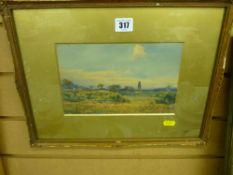 Gilt framed watercolour study - rural scene with abbey spire to the background, indistinctly signed