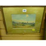 Gilt framed watercolour study - rural scene with abbey spire to the background, indistinctly signed