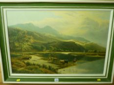 S R PERRY framed print - cattle at the water's edge before a rolling mountainscape
