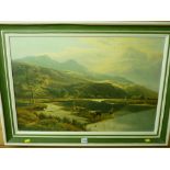 S R PERRY framed print - cattle at the water's edge before a rolling mountainscape