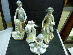 Three Lladro style porcelain figurines and a figure of a stylized couple titled 'Circle of Love, A