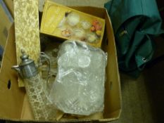 Box of vintage glassware and a green canvas holdall