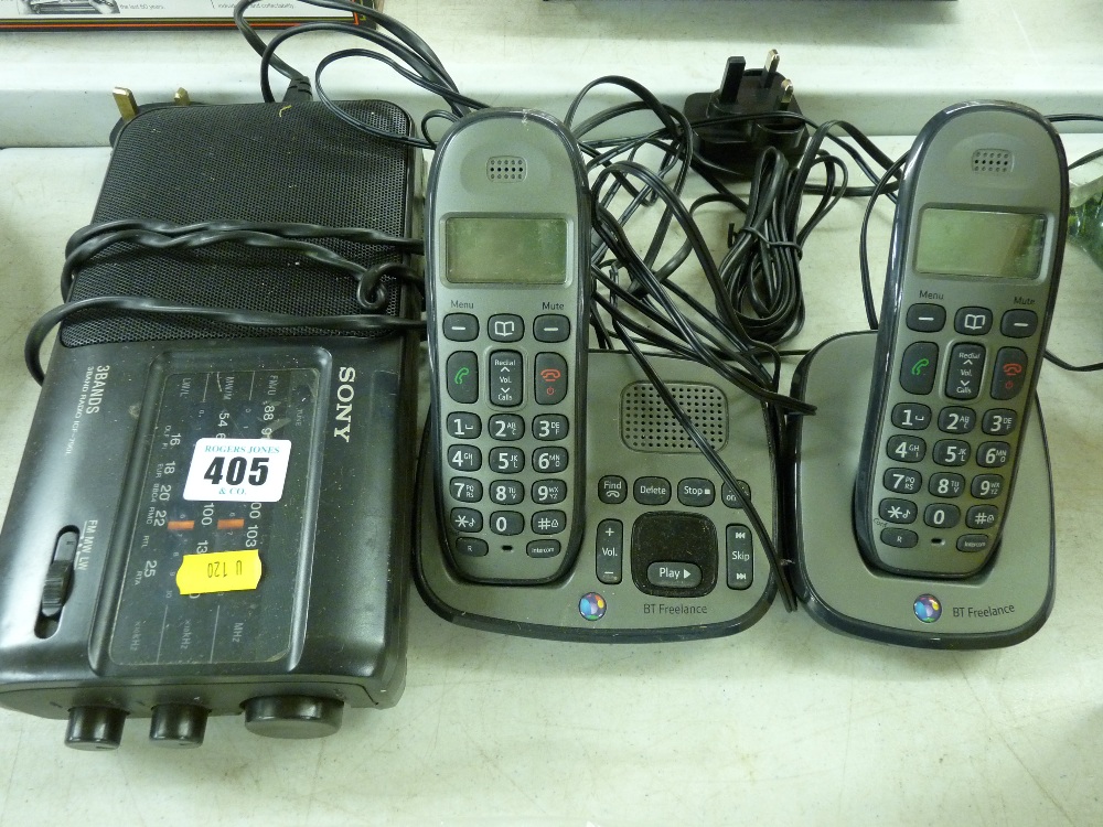 Sony three band transistor radio and a BT Freelance portable telephone set