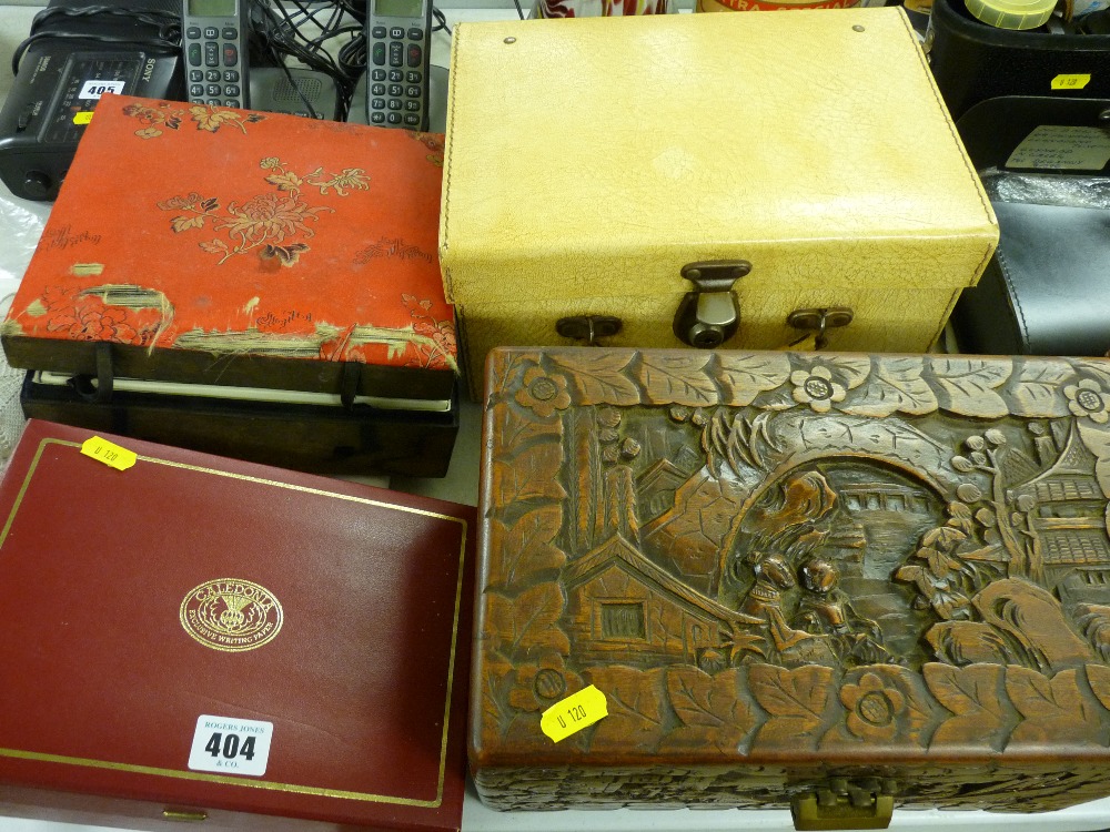 Carved Oriental jewellery box, a vintage vanity case and two further boxes