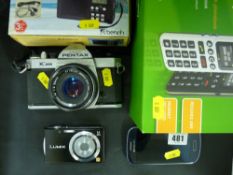 Various boxed and unboxed cameras and phones by Samsung, Pentax etc