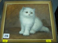 Oil on board - study of a seated white kitten, indistinctly signed