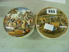 Two Prattware pot lids and bases titled 'The Village Wedding' and 'The Room in Which Shakespeare was