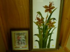 Victorian painting on glass panel - still life, flowers and a framed floral collage