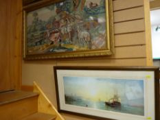 Gilt framed tapestry - two figures and a dog, a print after PISSARRO and a framed print - shipping