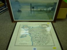 Framed print - map of North Wales after MORDEN and a framed print - quayside figures etc