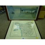 Framed print - map of North Wales after MORDEN and a framed print - quayside figures etc