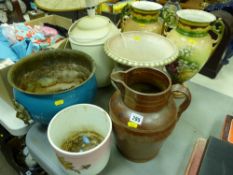 Pair of large pottery vases, two large pottery jardinieres, large stoneware jug etc