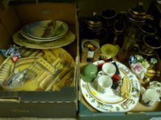 Two boxes of decorative wall plates, black and gilt coffee service and other collectable china
