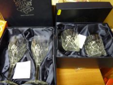 Boxed pair of Stuart crystal wine glasses and a boxed pair of Stuart crystal tumblers