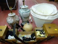 Porcelain lamps and shades and a cantilever sewing box and haberdashery contents E/T