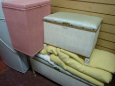 Two Lloyd loom style blanket boxes, quantity of woollen blankets and a loom style lidded laundry