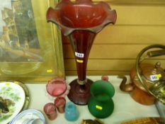 Large ruby glass trumpet vase, a selection of cranberry and other glassware