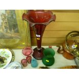 Large ruby glass trumpet vase, a selection of cranberry and other glassware