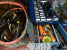 Basket and a concertina toolbox of tools along with a cased socket set