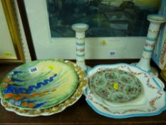 Pair of Staffs china rose patterned candleholders and a similar bread plate, a small Cantonese
