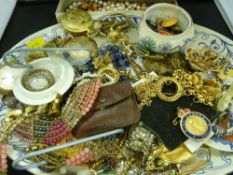 Pottery tray of vintage costume jewellery and pocket watches etc