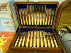 Good oak cased canteen of twelve bone handled fish knives and forks, all with silver ferrules