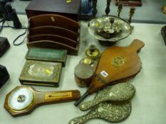 Parcel of plated and brassware, pair of bellows, small boxes, stationery rack etc