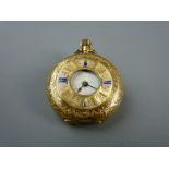 AN EIGHTEEN CARAT GOLD CASED LADY'S HALF HUNTER FOB WATCH, the chase decorated case having an