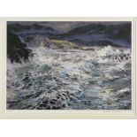 ALED PRICHARD-JONES coloured limited edition (5/75) print - rough seas near Criccieth, signed in