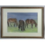 JANE MOULES JONES pastel/mixed media - three grazing Exmoor ponies, signed, 30 x 45 cms