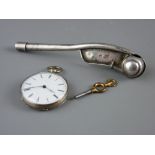 A CONTINENTAL WHITE METAL BOSUN'S WHISTLE and a slim open faced keywind pocket watch