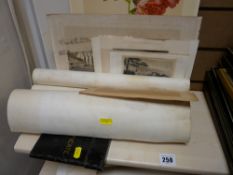 Parcel of unframed pictures, drawings, metal certificate tin etc