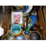 Box of mixed ornamental pottery, glassware etc