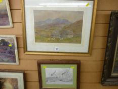 L D H THOMAS watercolour study - farmstead and livestock before a mountainscape and a small pencil