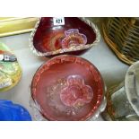 Pair of vaseline glass small bowls and two items of cranberry glassware