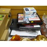 Mixed parcel of items including hand weights, boxed wall clock, Grand Prix Legends DVD & book etc
