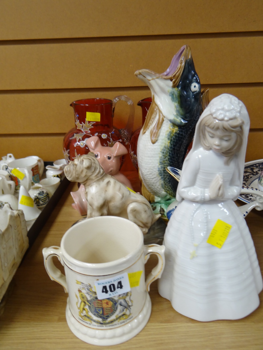 Crown Devon bulldog figure, Nao figure of a young girl, Natwest pig, two ruby glass & decorated - Image 2 of 3