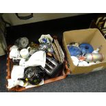 Two crates of various kitchenware & ornaments including blue Le Creuset casserole dish & saucepan