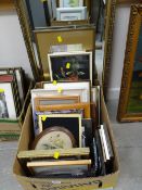 Box of various small prints, pictures, frames, watercolour of a still life & modern gilt wall