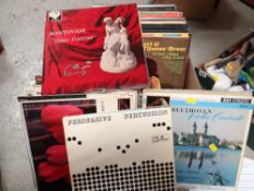 Box of vinyl LP records, mainly classical & easy listening including Max Bygraves, Perry Como,