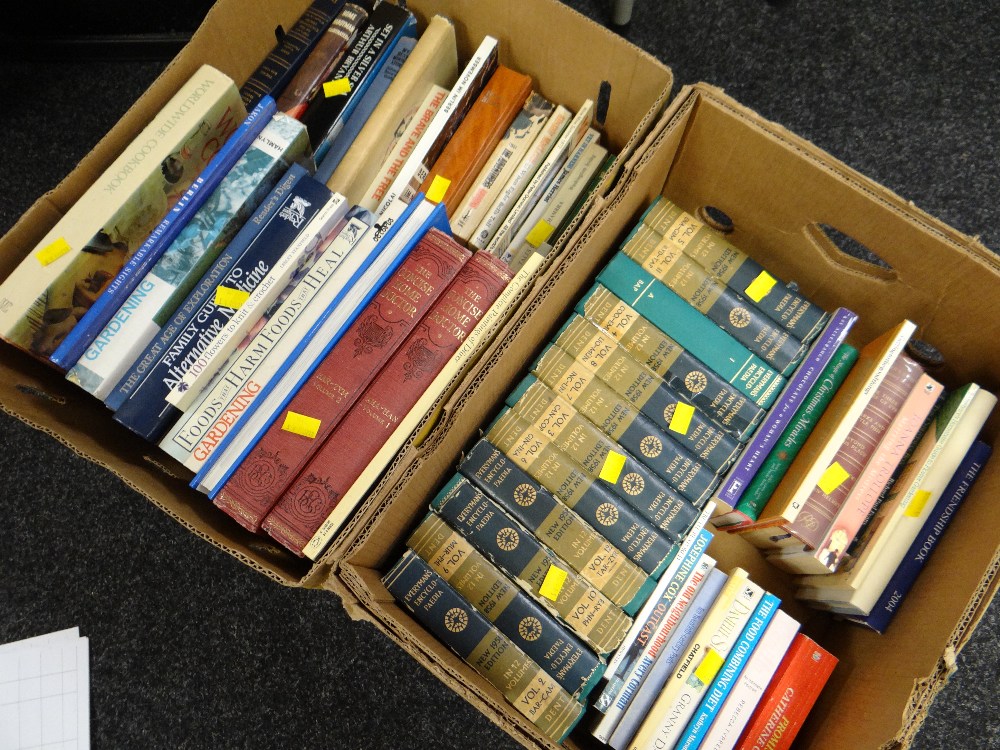 Two boxes of various hardback & paperback books including 'The Concise Home Doctor' & 'Everyman's