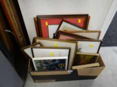 Box of framed prints including some of military uniforms, map of Gloucestershire etc