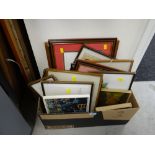 Box of framed prints including some of military uniforms, map of Gloucestershire etc