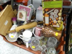 Two crates of mainly kitchen ware including glasses, teaware, small pedal bin etc