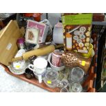 Two crates of mainly kitchen ware including glasses, teaware, small pedal bin etc