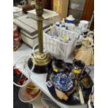 A vintage short brass Corinthian lamp & metalware items E/T