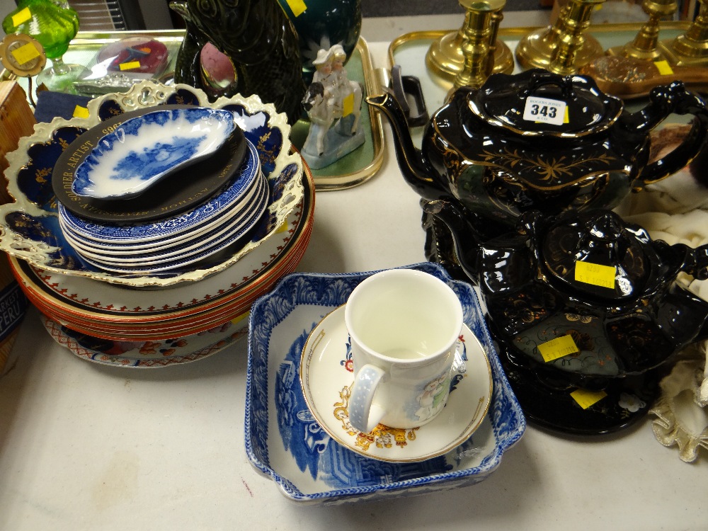 A parcel of various china including blue & white, Royal Doulton 'Snowman' mug, teapots etc