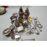 Parcel of hallmarked silver & other white metal items including napkin rings, vesta case, spoons