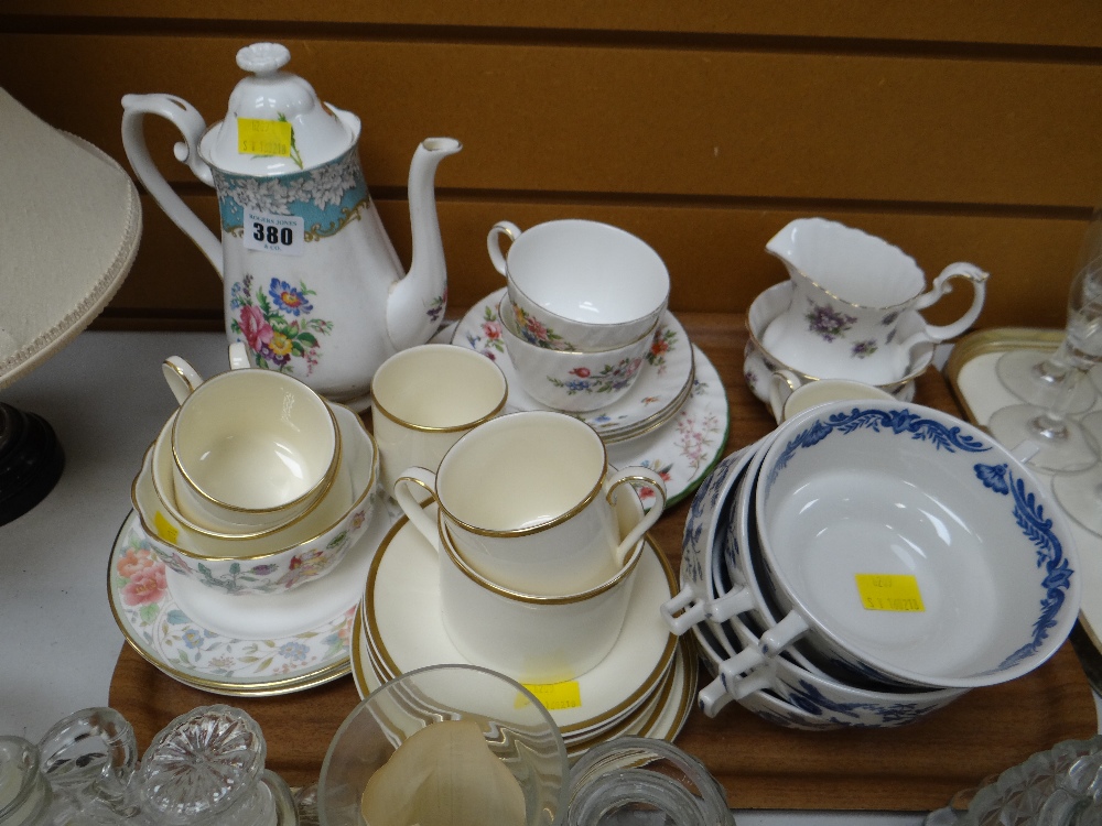 Tray of various quality china including Minton, Royal Albert 'Enchantment' coffee pot, Royal Doulton